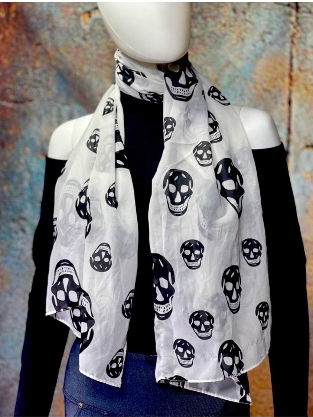 Black & White Skull Print Sheer Scarf